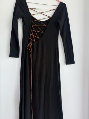 Blue Life Black Long-Sleeve Maxi Dress with Brown Lace-Up Back